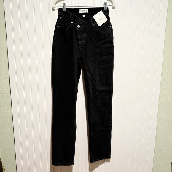 Abercrombie Fitch Curve Love High Rise Dad Jeans Crossover Waist Black NEW 25L - Picture 2 of 7